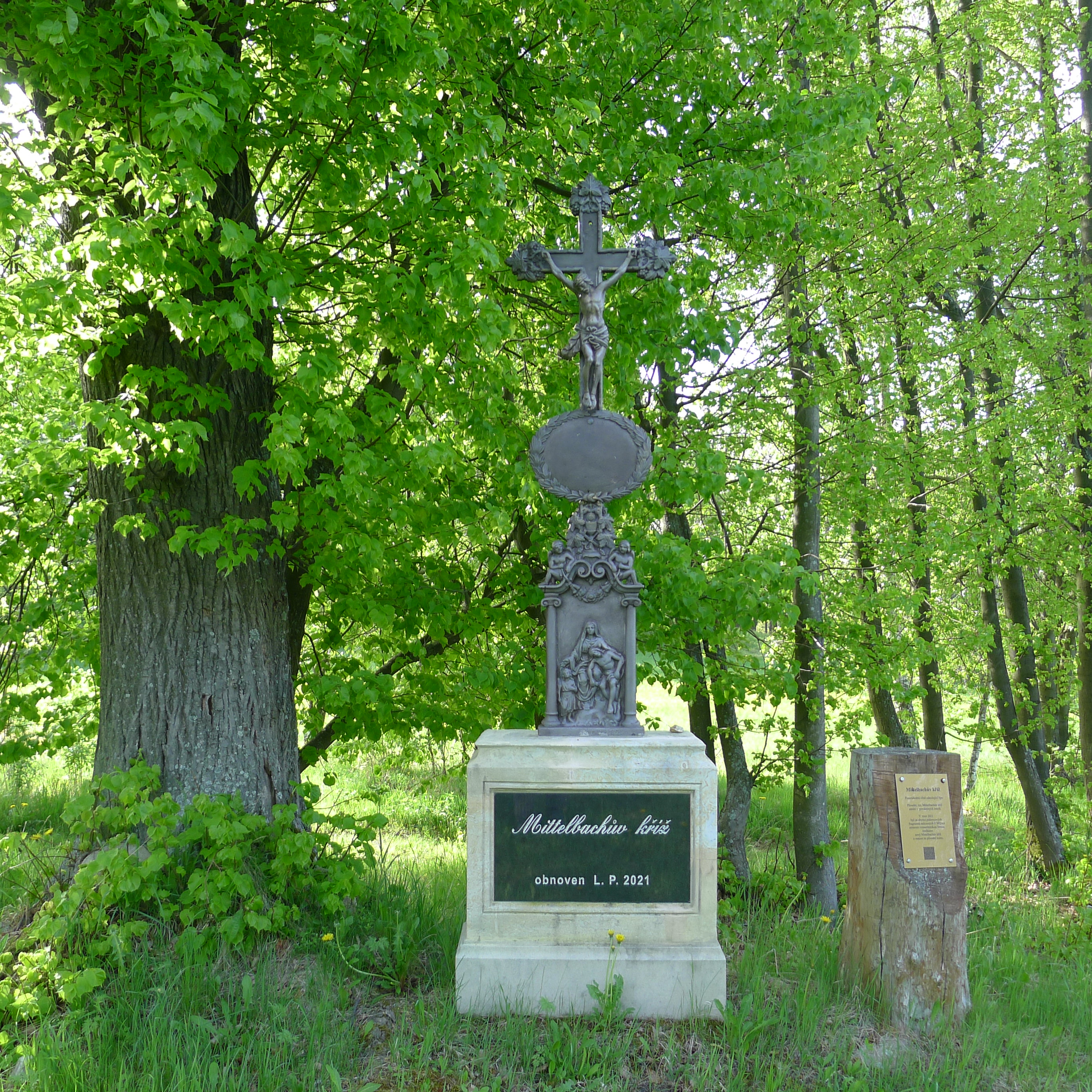 Mittelbachův kříž a pozoruhodná silně odnožující lípa u polní cesty z Květnova do Blatna